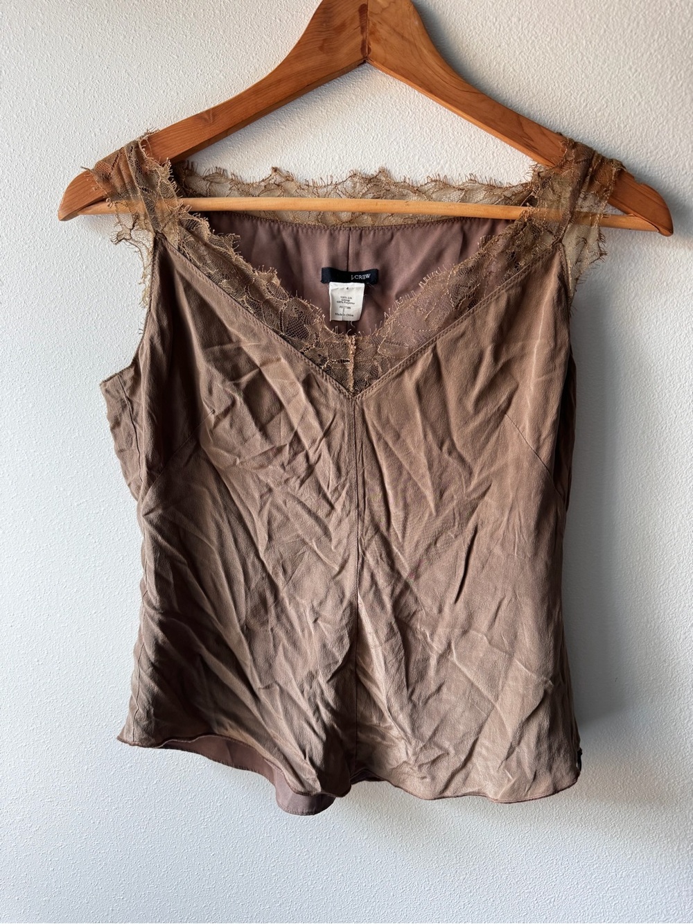J.Crew 100% Silk Taupe Lace-Trim Silk Camisole